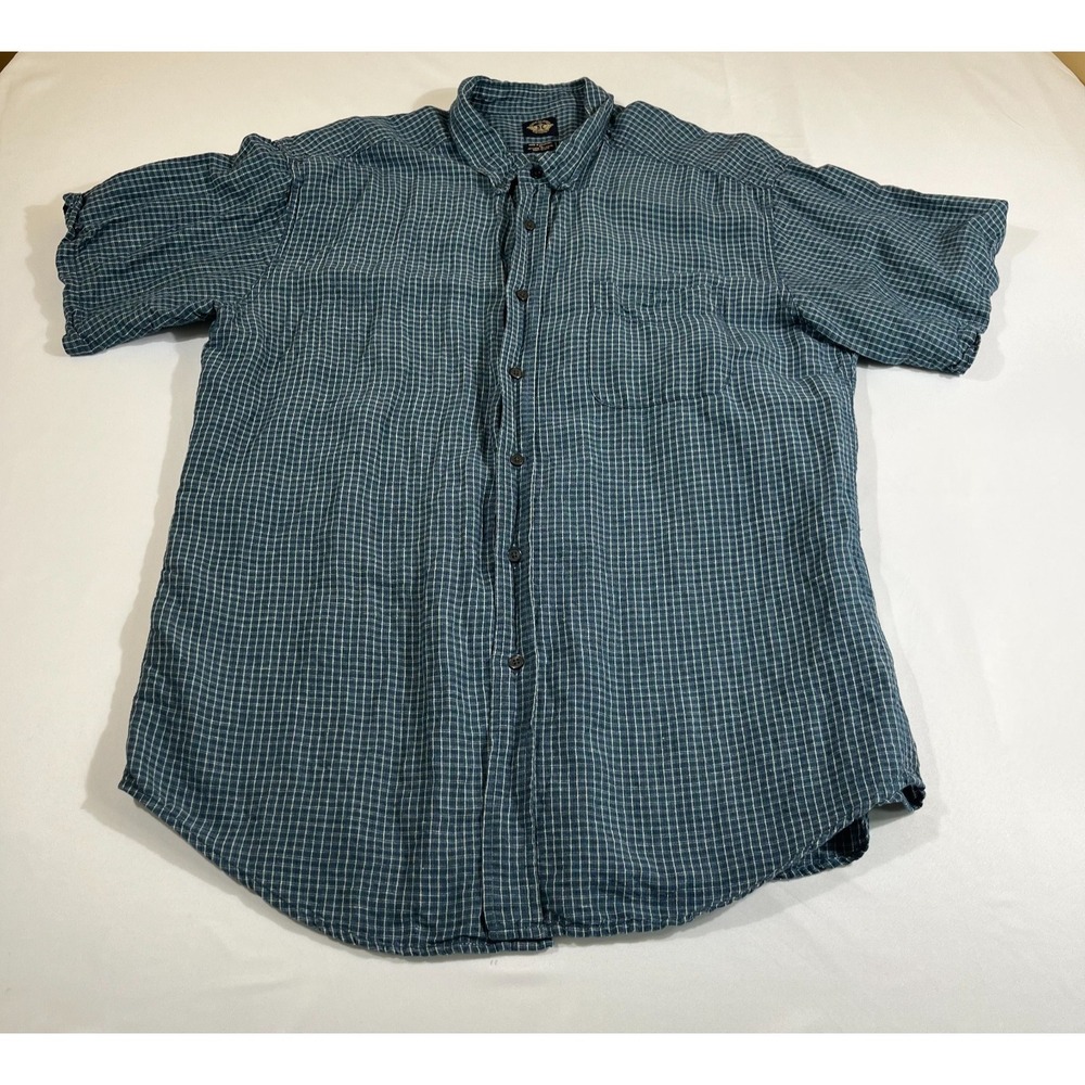 Dockers Men XL Short Sleeve Shirt Blue White Grid Linen Rayon Button Down 934M